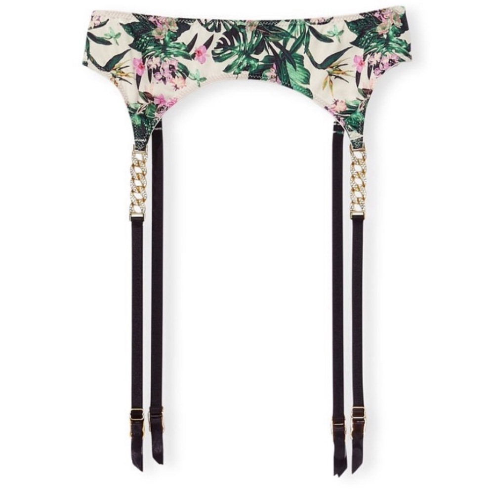 Chain Strap Satin Garter Belt paradise orchard floral palm print size XS/S